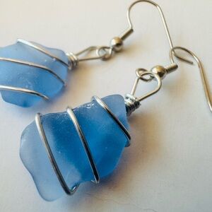 Blue Wire-Wrapped Sea Glass Earrings